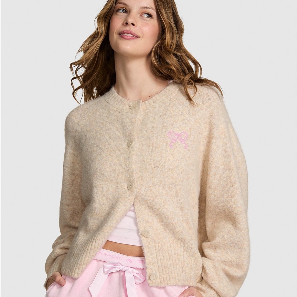 Cream Crewneck Button-Up Cardigan with Pink Embroidered Detail